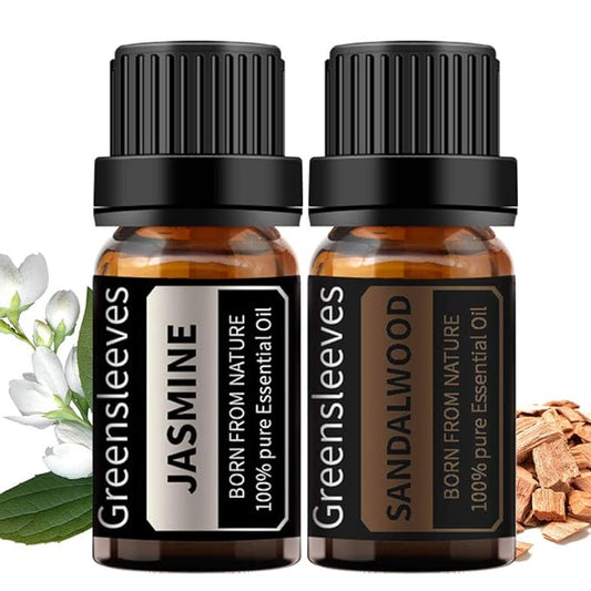 GREENSLEEVES Sandalwood Jasmine Essential Oil Set, 2 x 10ml Pure Plant-Based Fragrance Oil for Aromatherapy, Essential Oils for Diffuser, Massage, Bath Bomb, Scented Candle Soap Making