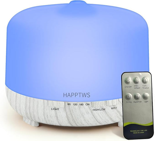 HAPPTWS 500ml Essential Oil Diffuser - Cold Mist humidifier with 4 timers and 7 Color Settings, no Water auto Shut Off, with Remote Control, Suitable for Room/Yoga Room/Office (White)