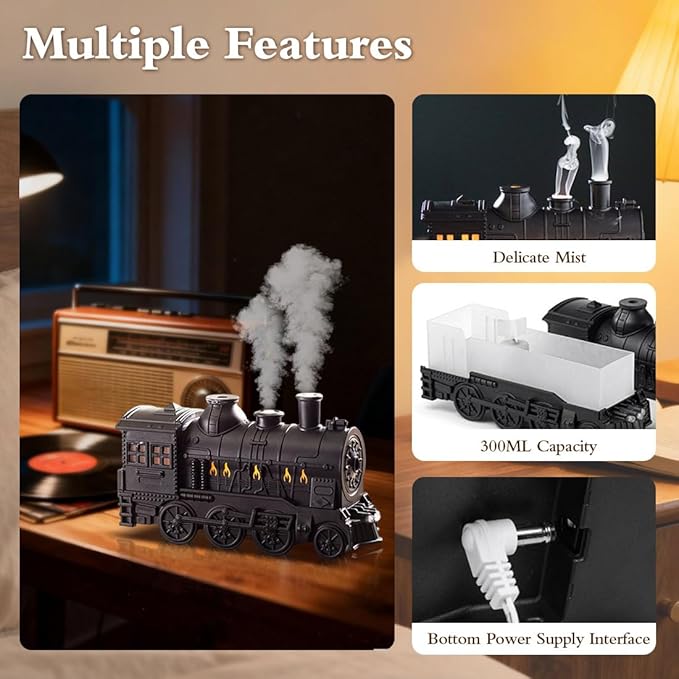 Vintage Steam Train Essential Oil Diffuser, 300ml Retro Train Quiet Aromatherapy Diffuser and Humidifier with Dual Color LED Light & 2 Mist Modes, Creative Home Decor & Gifts