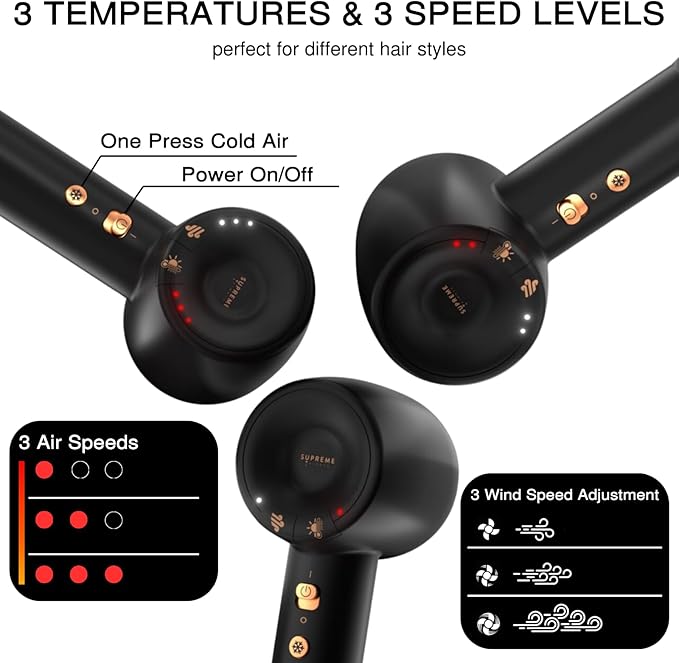 Supreme Trimmer Hair Dryer Negative Ion 110,000 RPM | Fast Drying & Low Noise Blow Dryer 1400W Brushless Motor | Magnetic Attachments, 3 Heat & 3 Speed Settings + Cool Shot | SHD347 Black
