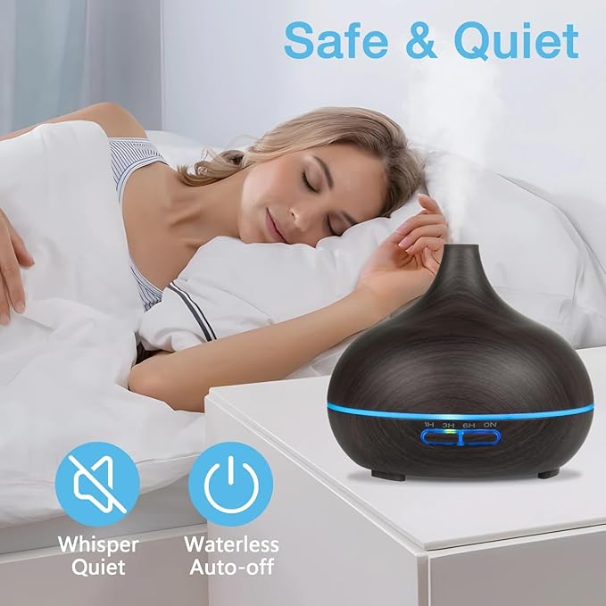 550ml ultrasonic Aromatherapy Essential Oil Diffuser with Remote Control, Dark Wood Grain, Including 6 Essential Oils, 4 Timer Settings, LED Light, Cold Mist humidifier