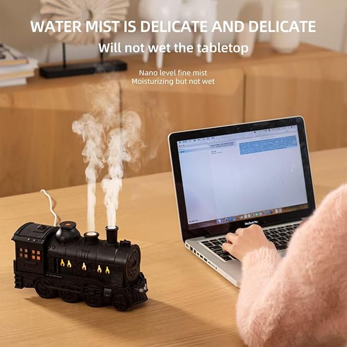 300ml Vintage Steam Train Aromatherapy Essential Oil Diffuser with Dual-Color LED Light, Auto Shut-Off & 2 Mist Modes, Cool Mist Humidifier Quiet Humidifier Gift for Bedroom Desk & Office