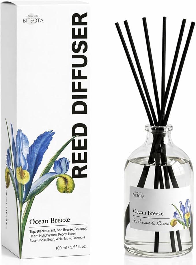 Reed Diffuser Set for Bathroom & Home, Long Lasting Essential Oil Aroma, Glass Bottle Home Fragrance with Sticks, Ideal Gift for Woman, 3.52oz (100ml) (Ocean Breezes)