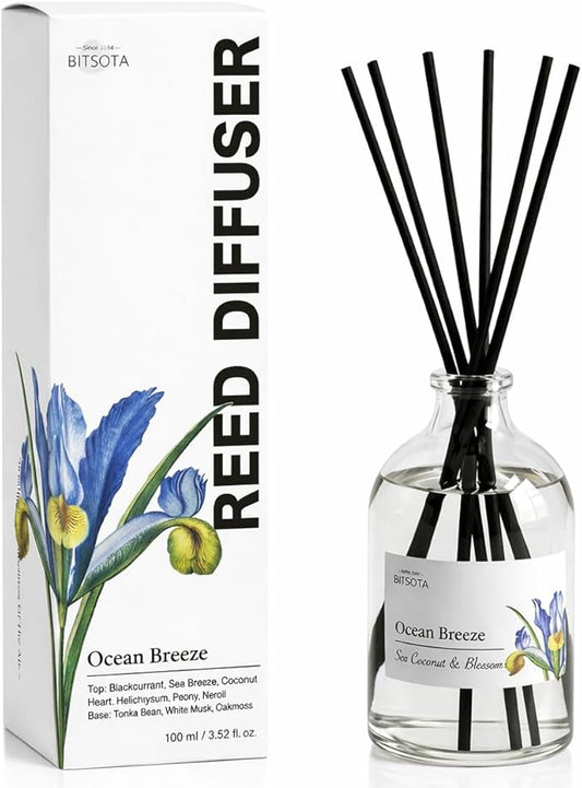 Reed Diffuser Set for Bathroom & Home, Long Lasting Essential Oil Aroma, Glass Bottle Home Fragrance with Sticks, Ideal Gift for Woman, 3.52oz (100ml) (Ocean Breezes)