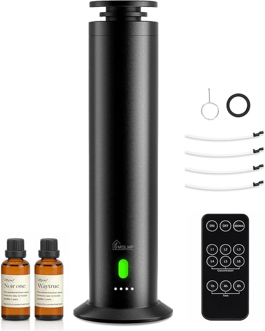 Hotel Collection Diffuser Machine,1500 Sq Ft,USB Plug-in & Rechargeable,Remote,Whisper-Quiet,Aluminum,Waterless Essential Oil Diffuser - Matte Black