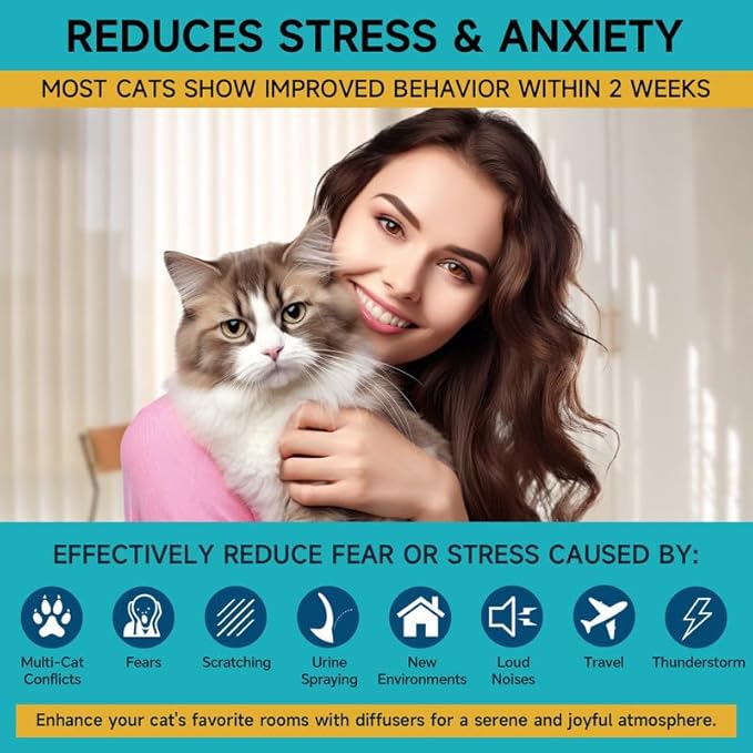 Woyamay Cat Calming Diffuser - Cat Pheromones Calming Diffuser for Cat Anxiety Relief 6-in-1 Cat Pheromone Diffuser Kit with 2 Diffuser + 4 Refill 48ml Vial - 120 Days Pheromone Diffuser to Calm Cats