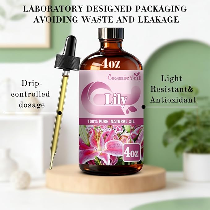 Lily Essential Oil for Aroma Diffuser,Humidifier,Home Fragrance,Cleaning,Body Care,Massage,Yoga,DIY Candle,DIY Soap CosmicVeil（Lily，4 Fl Oz (Pack of 1)）