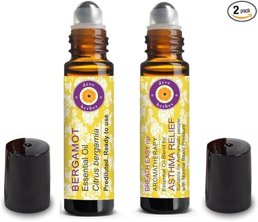 Deve Herbes Bergamot Essential Oil (Citrus bergamia) Pre Diluted Ready to Use Roll-on Blend for Aromatherapy and Topical Skin Application for Kids and Adults (Pack of Two) 10ml X 2