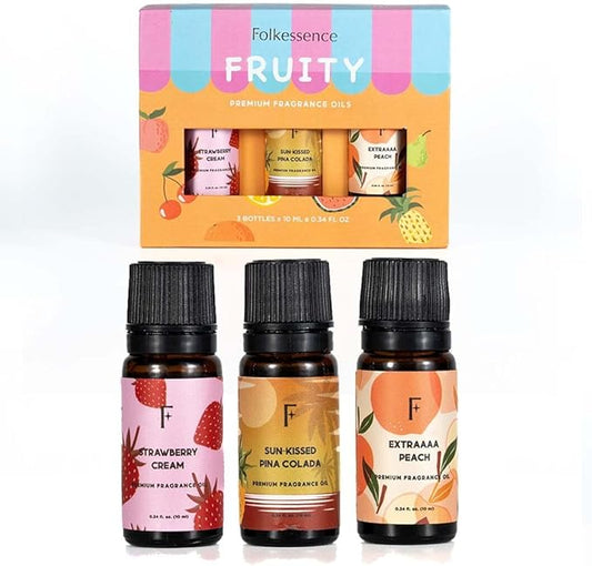 Folkulture Fruity Essential Oils Set for Diffuser | Pack of 3 Fruity Aromatherapy Oils – Peach, Strawberry | Refreshing Home Fragrance for Relaxation & Every Day Gifts Set