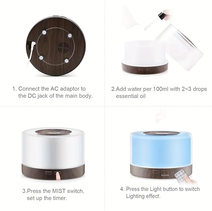 Remote Control Essential Oil Diffuser with LED Lights, Wood Grain Base, 500ml Aromatherapy Humidifier, 5.7x6.6 Inch, Timer Settings