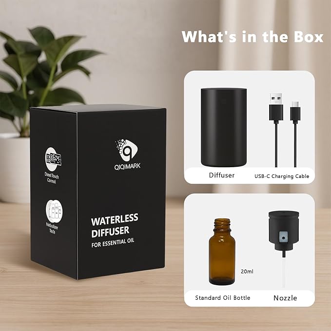 Waterless Diffuser for Essential Oil, Rechargeable Scent Diffuser Machine, 0.7 Fl.Oz./ 20mL Capacity, Mini Scent Air Machine, 4 Countdown Timers & 4 Mist Levels for Home, Room, Car, Office, Black