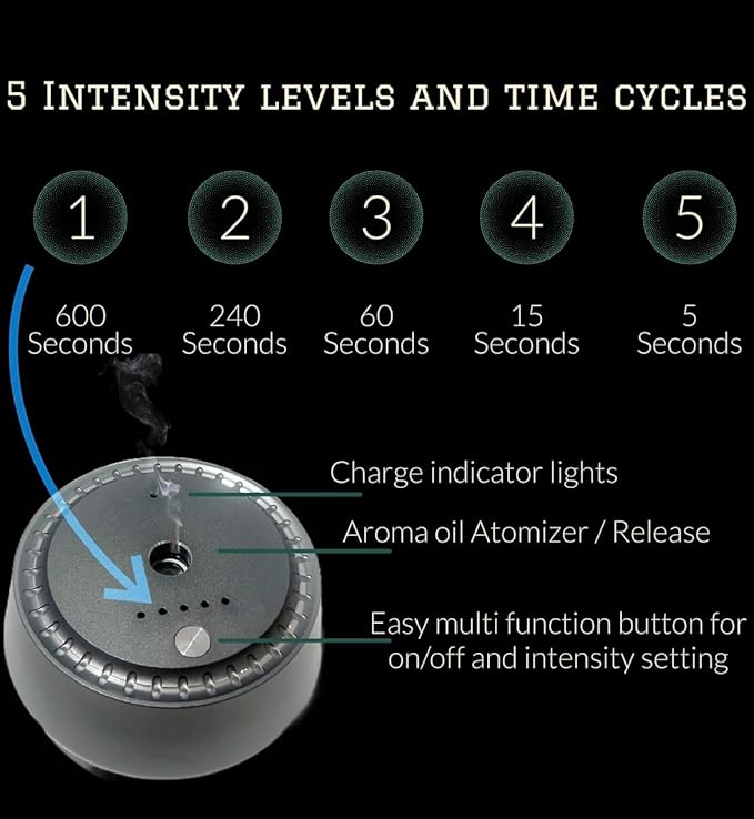 New Smart Aroma Diffuser, Automatic Freshener, Auto On/Off USB Waterless Essential Oil Diffuser for Car, Rechargeable Black and Chrome Mini Luxury Diffuser