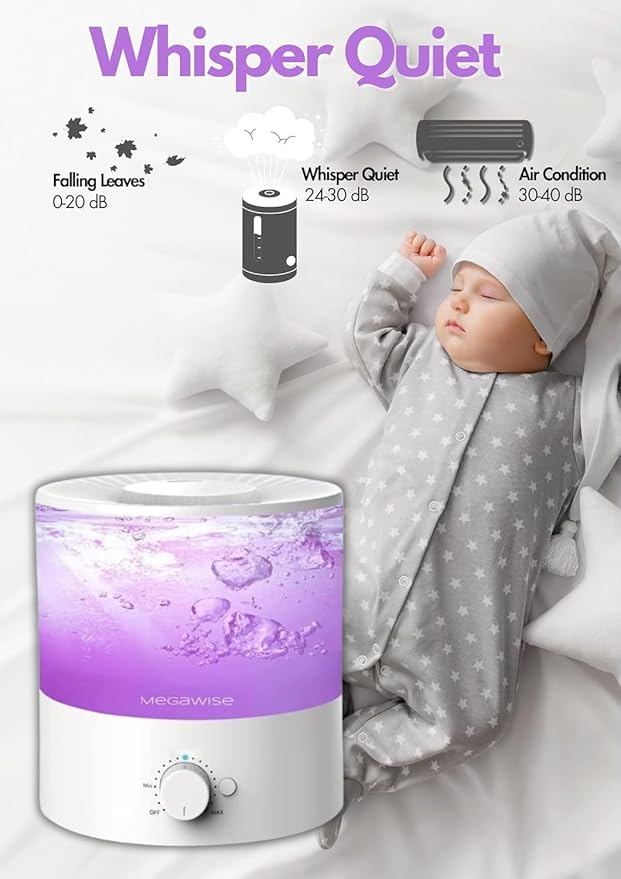 MegaWise Cool Mist Humidifiers for Babies, Bedroom, Nursery, Home and Office | Super Quiet Ultrasonic Vaporizer, Large Top-Refill 1.5L, Essential Oil Diffuser, Auto Off, Easy Clean (2 Pack)