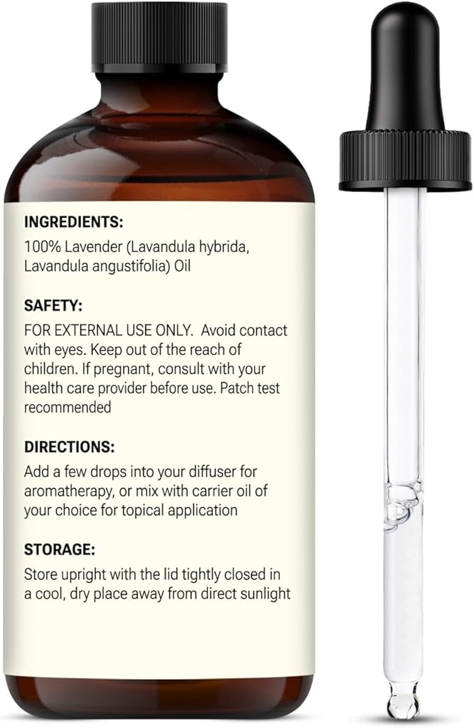 Lavender Essential Oil – 100% Pure Lavender Oil for Diffuser, Aromatherapy, Sleep, Skin & Hair – Large 4 fl oz with Glass Dropper – ROOTED & RAW