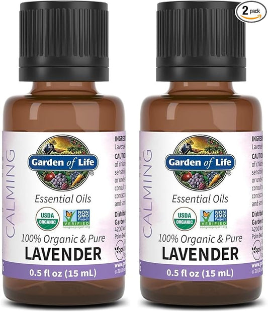 Garden of Life Essential Oil,Lavender0.5 fl oz (15 mL),100% USDA Organic&Pure,Clean,Undiluted&Non-GMO -for Diffuser, Aromatherapy, Meditation, Skincare, Sleep - Calming, Relaxing, Soothing (Pack of 2)