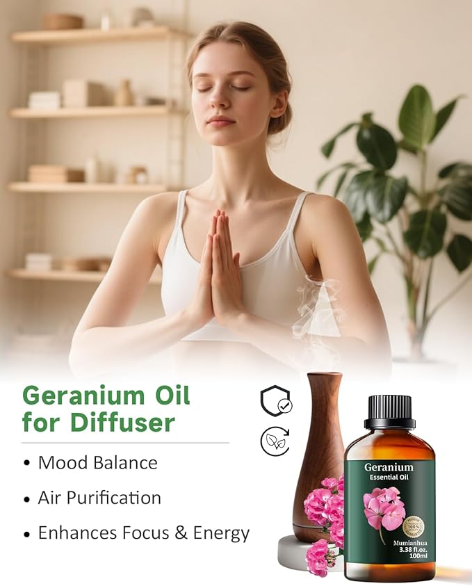 Geranium Essential Oil, Mumianhua Pure Rose Geranium Oil for Balanced Skin & Mood Harmony, Floral Relaxation Oil for Diffuser, Night Routine & DIY Skin, Hair, 3.38 Fl Oz