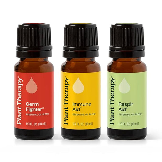 Plant Therapy Wellness Essential Oil Set, 3-Pack of 10 MLS (1/3 oz), Pure Essential Oil Blends: Germ Fighter, Immune Aid & Respir Aid, Great for Immune Support, Respiratory Relief & Seasonal Wellness