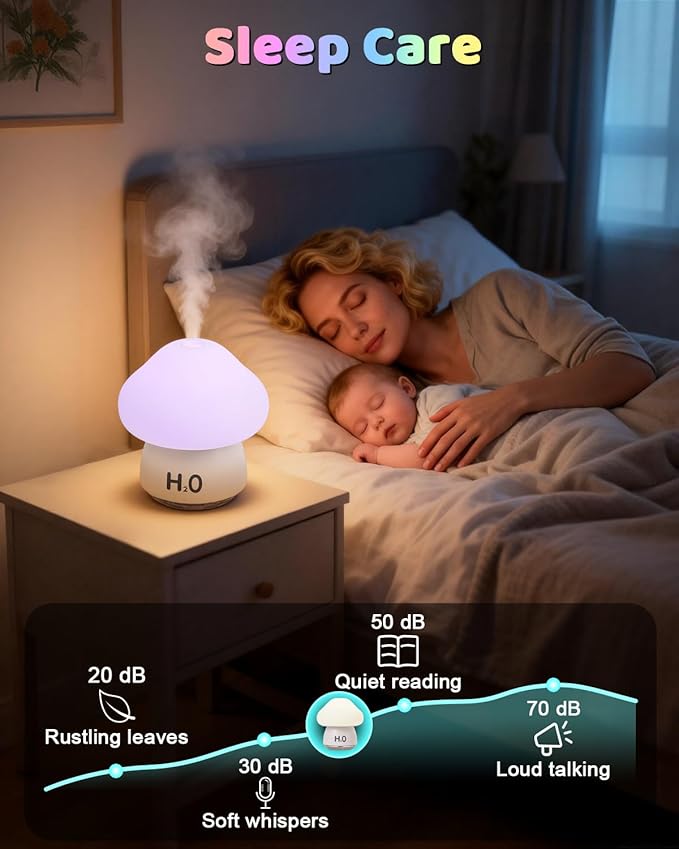 Mushroom Humidifier Lamp with 8 RGB Colors Lights,Cute Rechargeable Portable Humidifiers for Bedroom,Small Mushroom Diffuser with Two Spray Modes,Touch Night Light,Valentine's Day Gifts (White)
