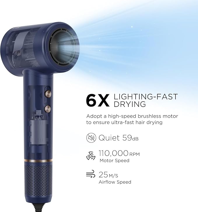 Hair Dryer, PARWIN PRO BEAUTY Fast Drying Blow Dryer with Diffuser, 110,000 RPM High Speed Hair Dryer with HD Display, 200 Million Negative Ions for Frizz Smoothing, 2 Speeds & 3 Temps, Prussian Blue