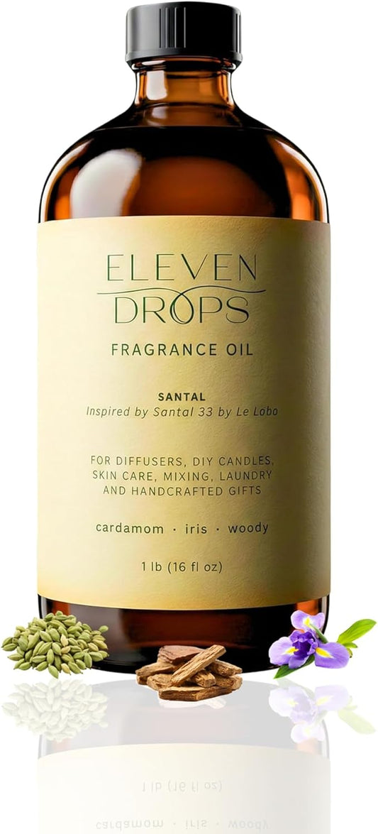 Santal Fragrance Oil | Cardamom, Iris & Woody Notes | Long Lasting Scent Reed Diffuser Oil for Home, Office, Hotel, Spa, Car & Linen Spray | Pet Friendly IFRA Compliant, 16 oz