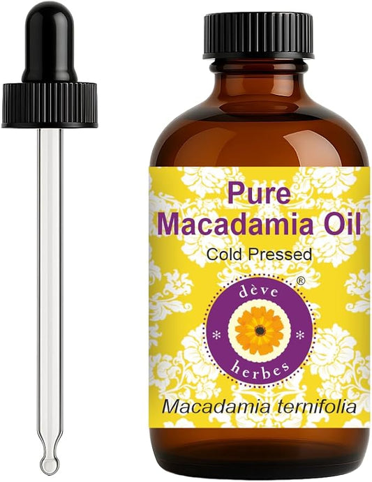 dève herbes Macadamia Oil (Macadamia ternifolia) with Glass Dropper | Cold Pressed | Pure | Natural | For Diluting Essential oils | For Skin & Massage | Non-Sticky| Lightweight| Unisex | 120ml (4 oz)