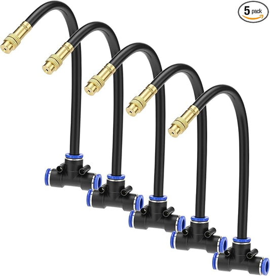 QWORK Brass Misting Nozzles Tee with 8" Built-in Hose, 5 Pack Brass Water Mister Nozzles Thread Sprayer 0.043", 360° Adjustable Rotation, Energy Efficient with Easy Installation