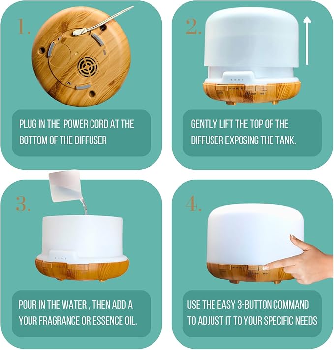 Mystic Romance Essential Oil Diffuser, 500ml Aromatherapy Humidifer and Nigth Ligth for Relaxing Atmosphere in Home Office Yoga and Spa, for Everyone, Auto-Off Safety Switch. Light Wood