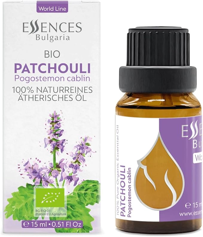 Essences Bulgaria Organic Patchouli Essential Oil 0.51 Fl Oz 15ml Pogostemon cablin - 100% Pure Natural Undiluted Therapeutic Grade for Aromatherapy Diffuser Sauna, DIY Perfume, Soap and Candle Making