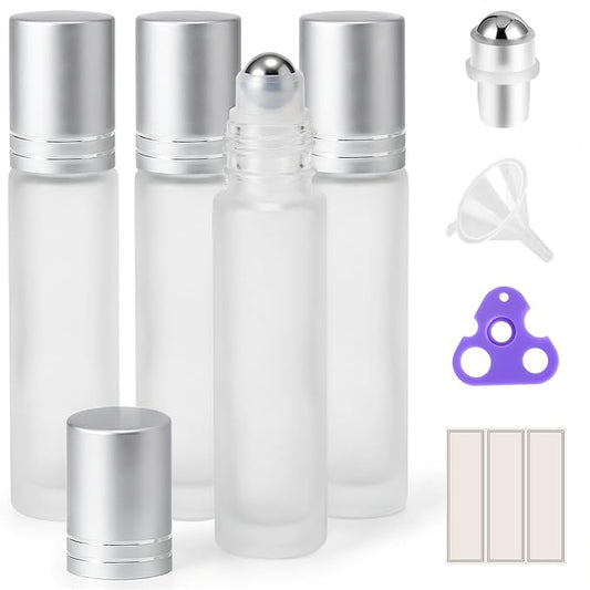 PrettyCare 4 Pack, 10 ml Essential Oil Roller Bottles with Stainless Steel Roller Ball - Refillable Leak-proof Empty Thick Frosted Glass Roll on Bottles with Silver Caps for Travel, Perfume