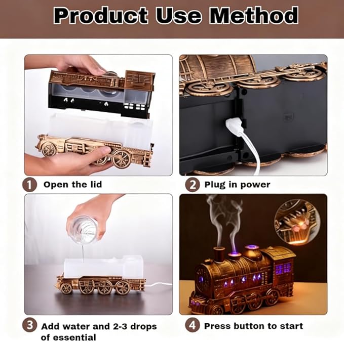 Train Diffuser, 2026 New 300ML Large Capacity Train Humidifier with Dual Cool Mist Outlets, Train Oil Diffuser with 2-Color LED, Remote Control, Auto-Off, Quiet for Bedroom Office (White, Remote)