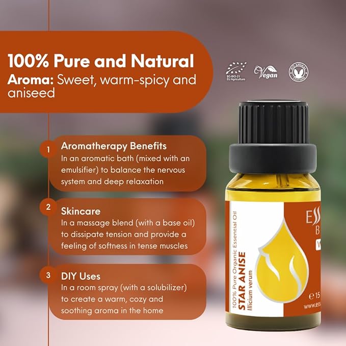 Essences Bulgaria Star Anise Essential Oil 15ml (0.51 Fl Oz) | Illicium verum | 100% Pure, Natural, Undiluted | Aromatherapy, Cosmetics | Vegan, Non-GMO, Cruelty-Free