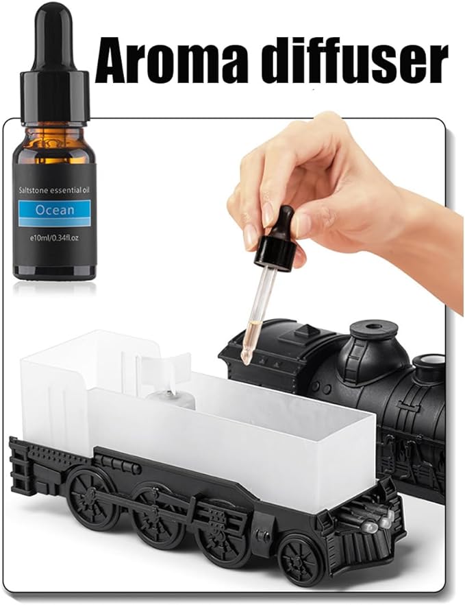 300ml Train Diffuser, Vintage Steam Train Aromatherapy Essential Oil Diffuser with Dual-Color LED Light, Quiet Aromas Diffuser with Cool Mist Modes &Smart Remote for Rooms,Bedrooms, Desks (Black)