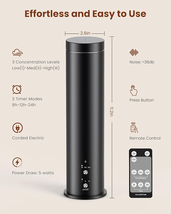 Waterless Essential Oil Diffuser for Large Room, 1000 Sq Ft Coverage, Scent Diffuser for Home, Office, Hotel and Spas - Aromatherapy Diffuser Fragrance Oil Machine, Remote Control, Timer, Black