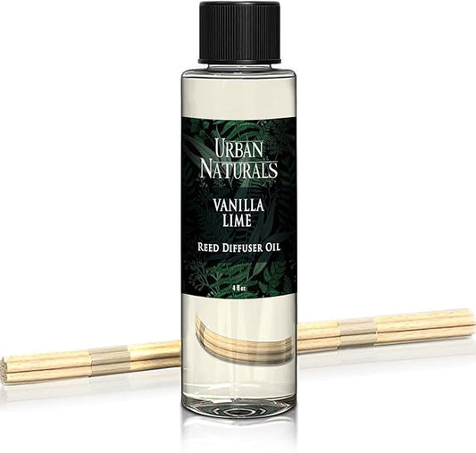 Urban Naturals Reed Diffuser Oil Refill, Vanilla Lime Citrus Essential Oils with Cane Sugar, Lime, Vanilla, 4 oz + Free Reed Sticks, Made in the USA