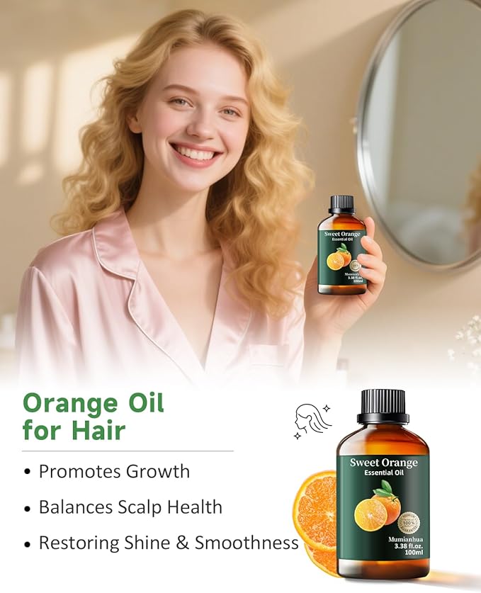 Orange Essential Oil, Pure Sweet Orange Oil Mumianhua Cold-Pressed Aromatherapy Oil for Uplifting Diffuser & Natural Cleaning, Skin-Safe for DIY Perfume, Soap & Candle Making, 3.38 Fl Oz