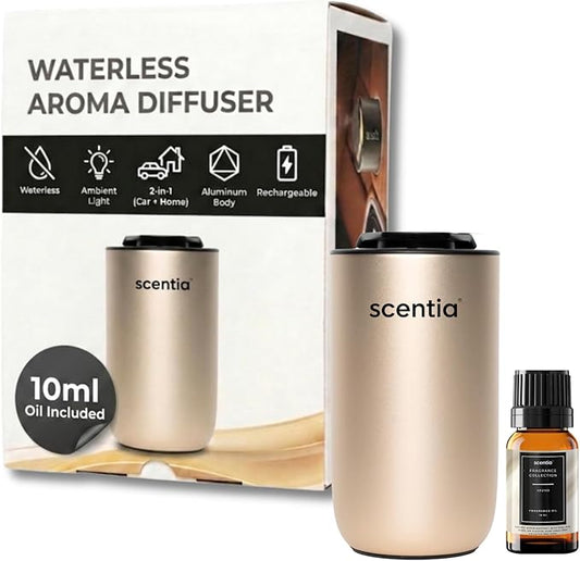 Scentia MiniPod Gold Waterless Diffuser for Essential Oil, Smart Car Air & Home Freshener with 3 Mist Levels & LED Light, Auto On/Off Rechargeable, Portable Scent Air Machine