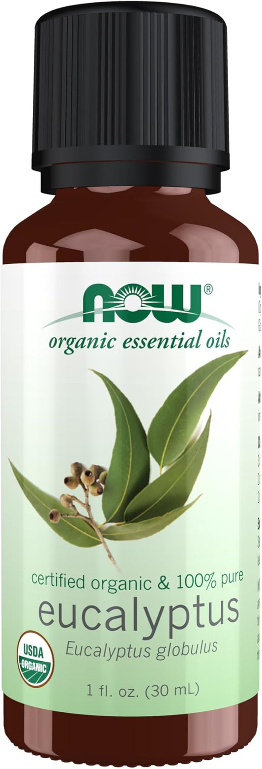 NOW Essential Oils, Organic Eucalyptus Globulus Oil, Clarifying Aromatherapy Scent, Steam Distilled, 100% Pure, Vegan, Child Resistant Cap, 1-Ounce