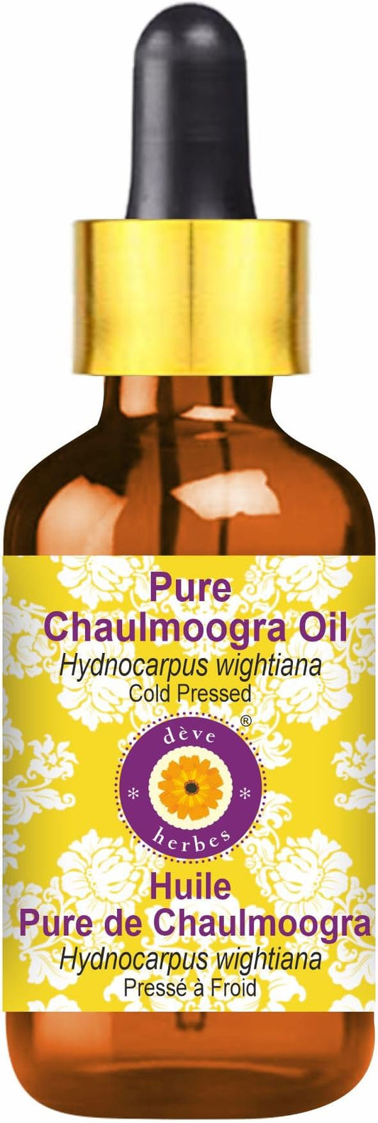 Deve Herbes Chaulmoogra Oil (Hydnocarpus wightiana) with Glass Dropper | Cold Pressed | Pure | For Diluting Essential oils | Skin & Massage | Non-Sticky | Lightweight | Unisex | 5ml (0.16 oz)