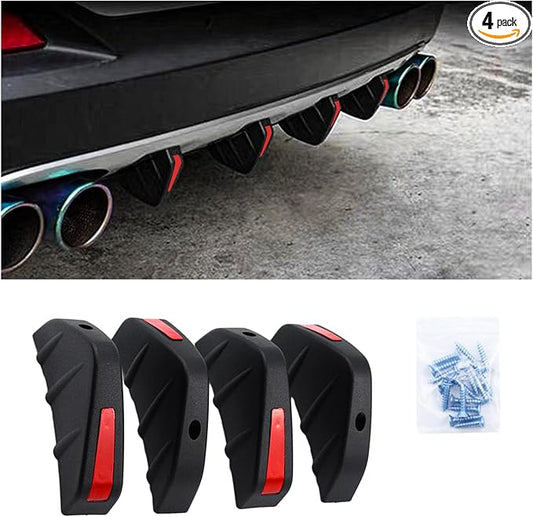 Augeny 4PCS Car Rear Lower Bumper Wing Lip Diffuser, Anti-Crash Auto Shark Fin Spoiler Protector with Mounting Screws, Universal Rear Bumper Lip Diffuser Kit for Car SUV Truck (Black Edge/Red Cover)