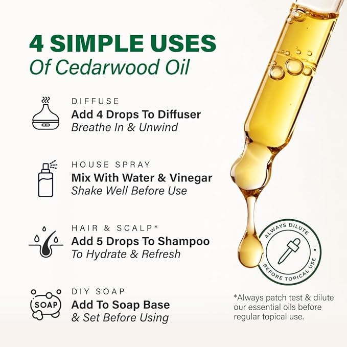 100% Pure Cedarwood Oil - 4 Fl Oz Cedarwood Essential Oil for Hair, Skin, Diffuser, Aromatherapy & DIY Soap Making Scent
