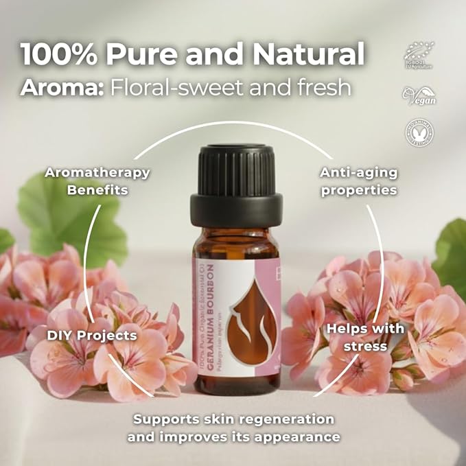 Essences Bulgaria Geranium Bourbon Essential Oil 10ml (0.34 Fl Oz) | Pelargonium asperum | 100% Pure, Natural, Undiluted | Aromatherapy, Cosmetics | Non-GMO, Cruelty-Free