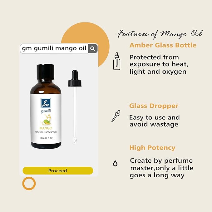 GM Gumili Mango Fragrance Oil, Perfume Oil, Home Scent Oils for Soaps, Candle Making, Dryer Balls, Diffusers, Laundry, Slime -1 oz /30ml