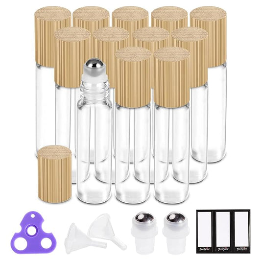 Essential Oil Roller Bottles 10ml ( Clear Glass Bottle with Bamboo Lid, 12 Pack, 2 Extra Stainless Steel Balls, 24 Labels, 1 Opener, 1 Funnel, 2 Droppers ) Roller Balls for Oils, Roller on Bottles
