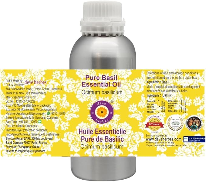 Deve Herbes Pure Basil Essential Oil (Ocimum basilicum) Steam Distilled 300ml (10 oz)