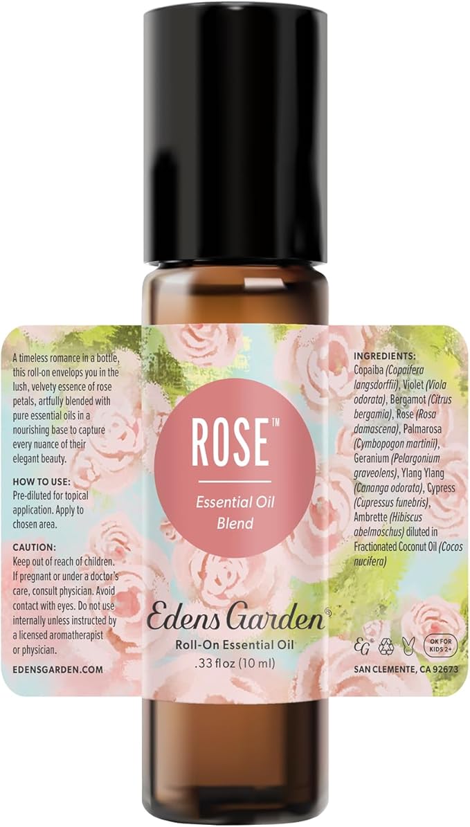 Edens Garden Rose Essential Oil Roll-On – Pre-Diluted Floral Blend, 100% Pure Aromatherapy & Natural Perfume for Romance & Self-Care, Skin Safe, 10 ml (.33 fl oz)