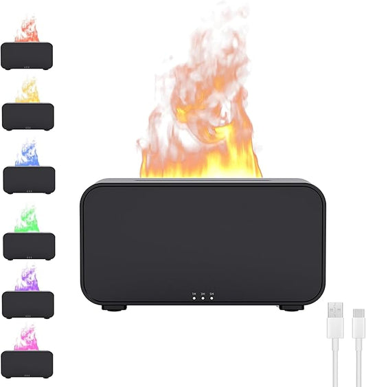 Mini Humidifier with LED Flame, Multiple Color Modes, 120 ml, Essential Oil Humidifier with Timer Adjustment and Waterless Auto Shut-Off for Home, Bedroom and Office(Black)