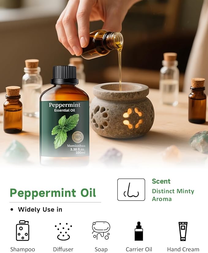 Peppermint Essential Oil,Mumianhua Pure Peppermint Oil, Steam-Distilled for Energy Focus & Soothing, Cooling Relief Oil for Diffuser, Skin,Hair & Natural Cleaning, 3.38 Fl Oz
