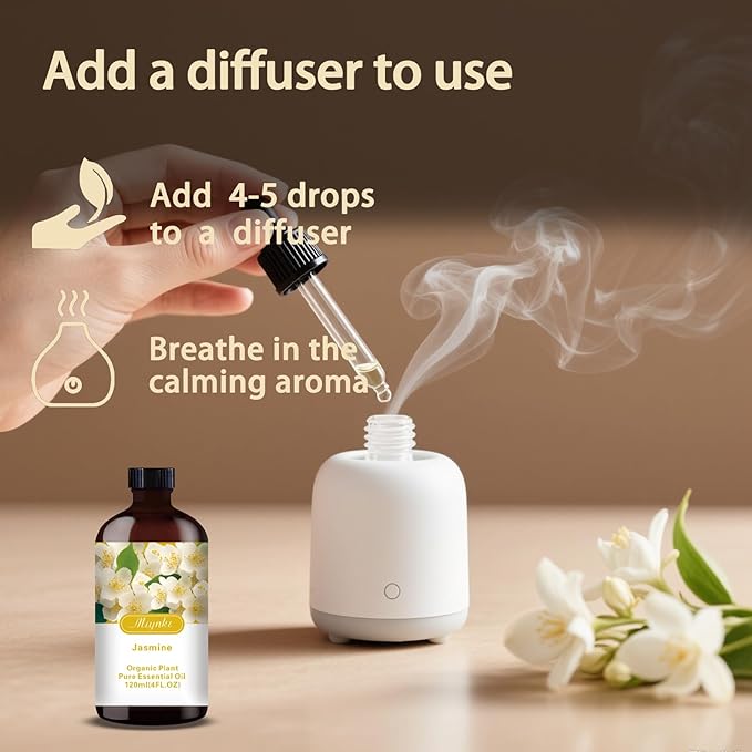 Jasmine Essential Oil – MLYNKL Jasmine Oils 4.33 fl oz for Diffusers, Humidifiers, Massage, DIY Candles, Soap, Cleaning, Home, Yoga, Office, Gifts - 130 ml