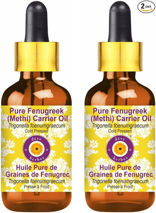 Deve Herbes Pure Fenugreek (Methi) Oil (Trigonella foenumgraecum) with Glass Dropper | Cold Pressed | Natural | Undiluted | For Diluting Essential Oils | For Hair & Skin | Unisex | 100ml X 2 (6.76 oz)