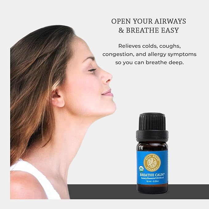 Silk Road Organic Breathe Calm Essential Oil Breathe Easy Blend for Cold, Cough, Congestion, Sinus & Allergy Relief – USDA Certified Aromatherapy undiluted 10 ml Dropper